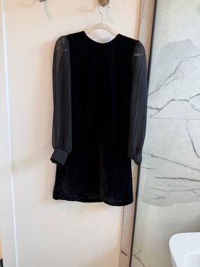 J. Crew Black Velvet Mini Dress with Sheer Long Sleeves